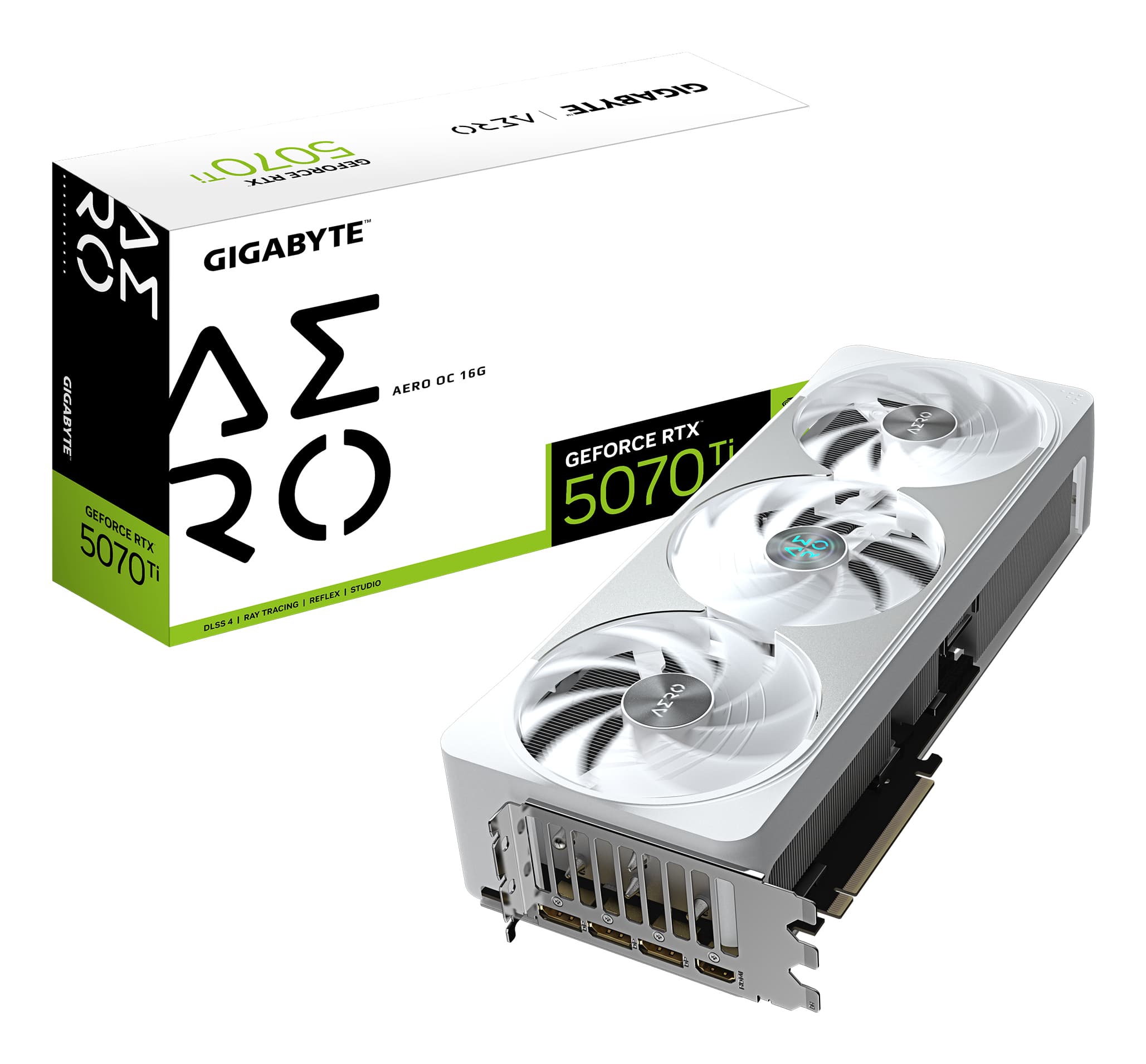 Gigabyte NVIDIA GeForce RTX 5070 Ti AERO OC 16GB GDDR7 Graphics Card, 8960 CUDA Cores, 2588 MHz Core Clock, Triple Fan, White, RGB, 3x DisplayPorts / 1x HDMI Port