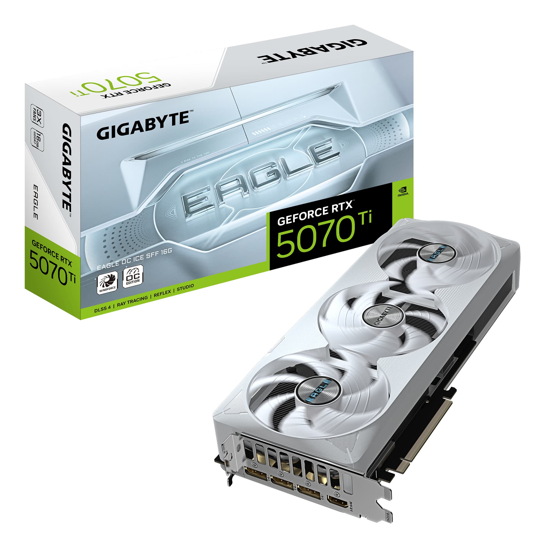 Gigabyte NVIDIA GeForce RTX 5070 Ti EAGLE OC ICE SFF 16GB GDDR7 Graphics Card, 8960 CUDA Cores, 2542 MHz Core Clock, Triple Fan, White, 3x DisplayPorts / 1x HDMI Port