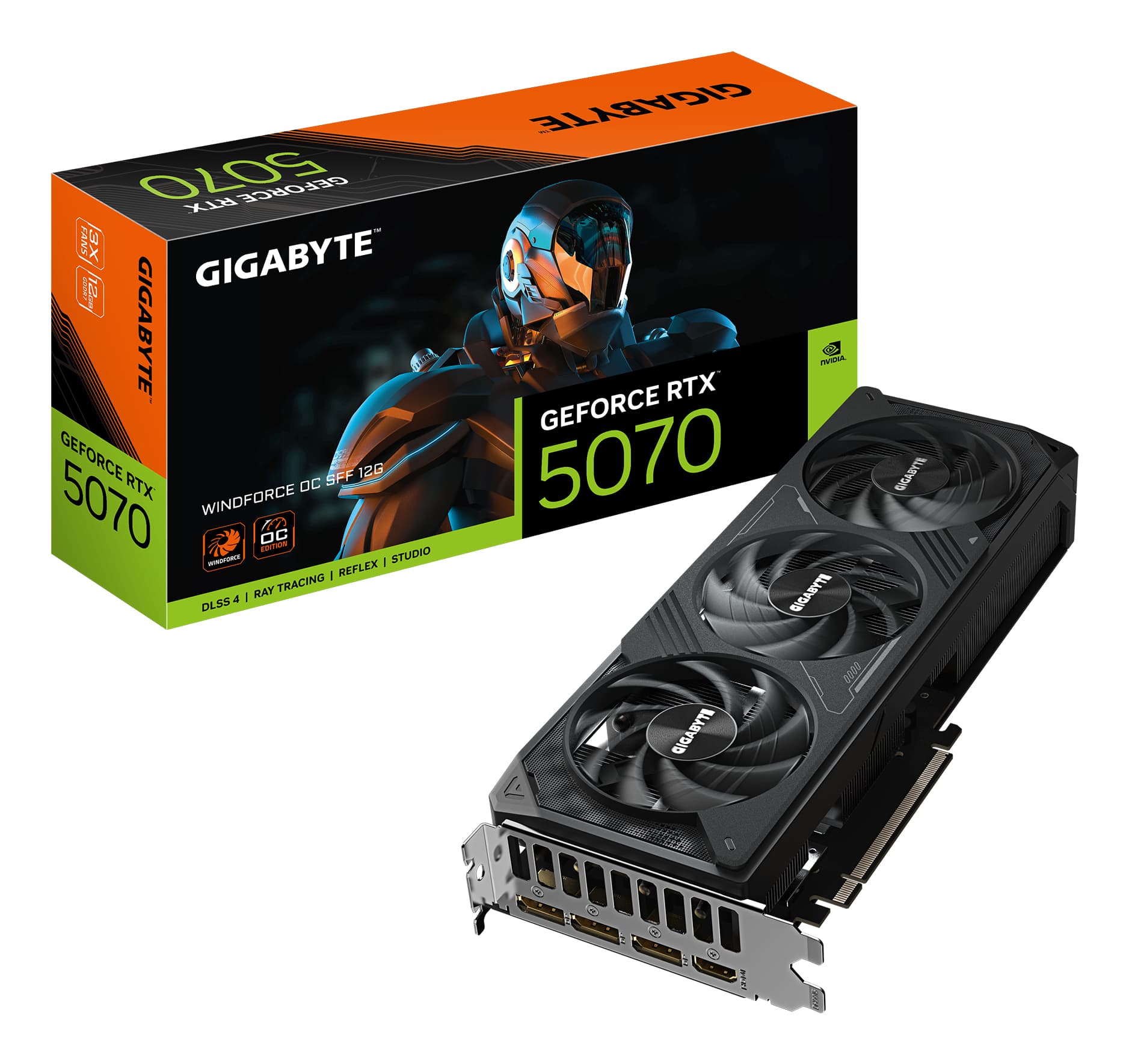 Gigabyte NVIDIA GeForce RTX 5070 WINDFORCE OC SFF 12GB GDDR7 Graphics Card, 6144 CUDA Cores, 2542 MHz Core Clock, Triple Fan, 2x DisplayPorts / 2x HDMI Ports