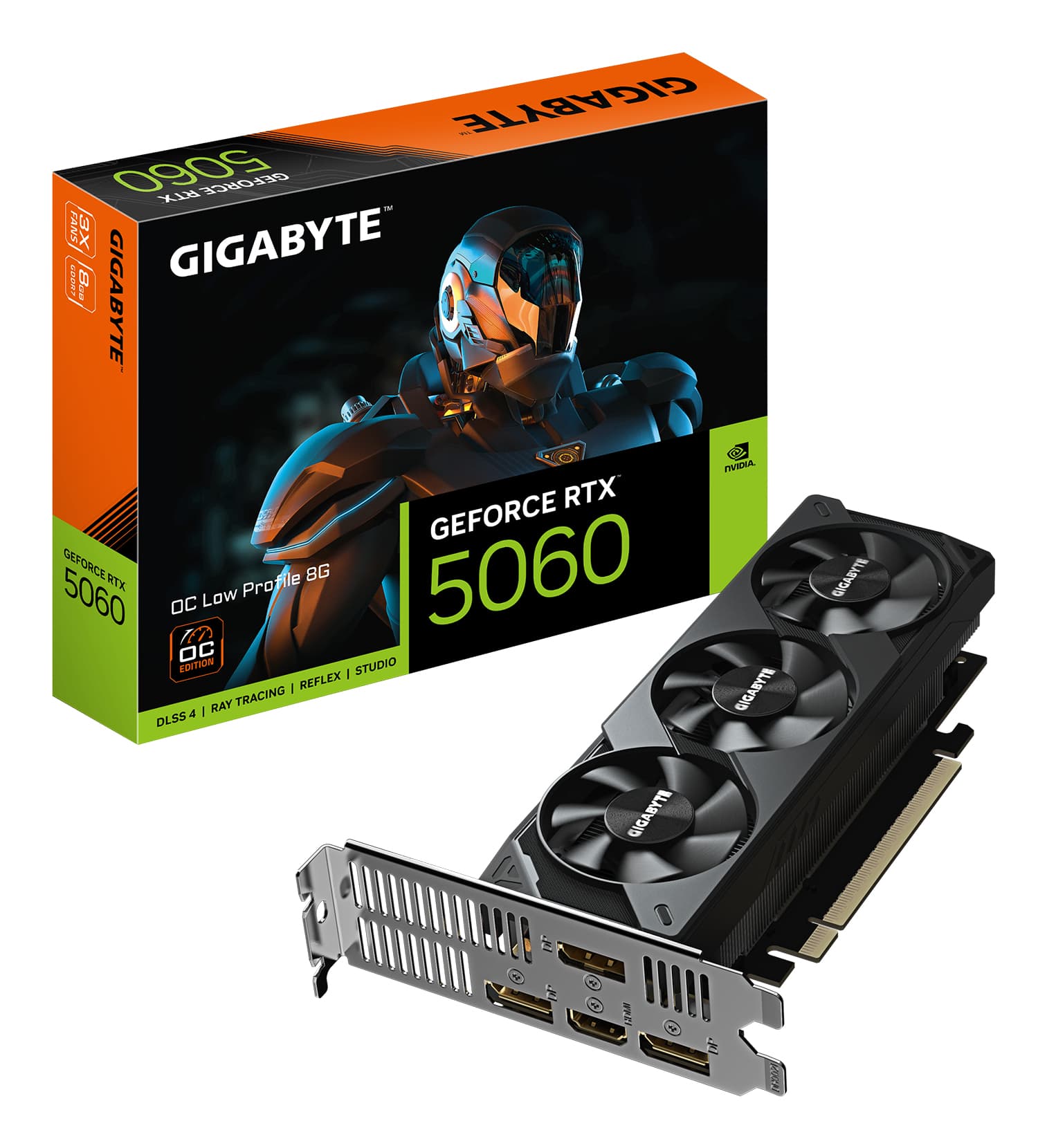 Gigabyte NVIDIA GeForce RTX 5060 OC Low Profile OC 8GB GDDR7 Graphics Card, 3840 CUDA Cores, 2512 MHz Core Clock, Triple Fan, 3x DisplayPorts / 1x HDMI Port