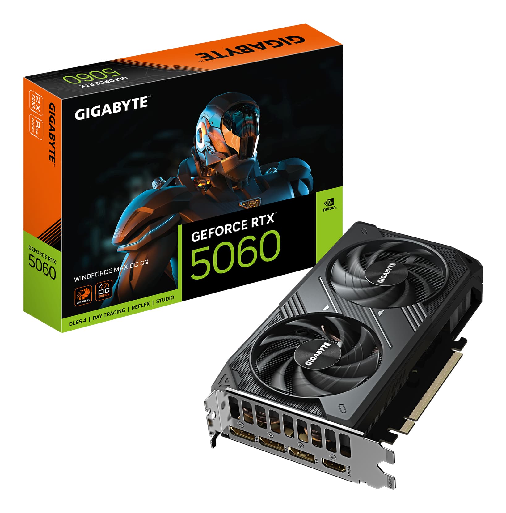 Gigabyte NVIDIA GeForce RTX 5060 WINDFORCE MAX OC 8G GDDR7 Graphics Card, 3840 CUDA Cores, 2512 MHz Core Clock, Dual Fan, 3x DisplayPorts / 1x HDMI Ports