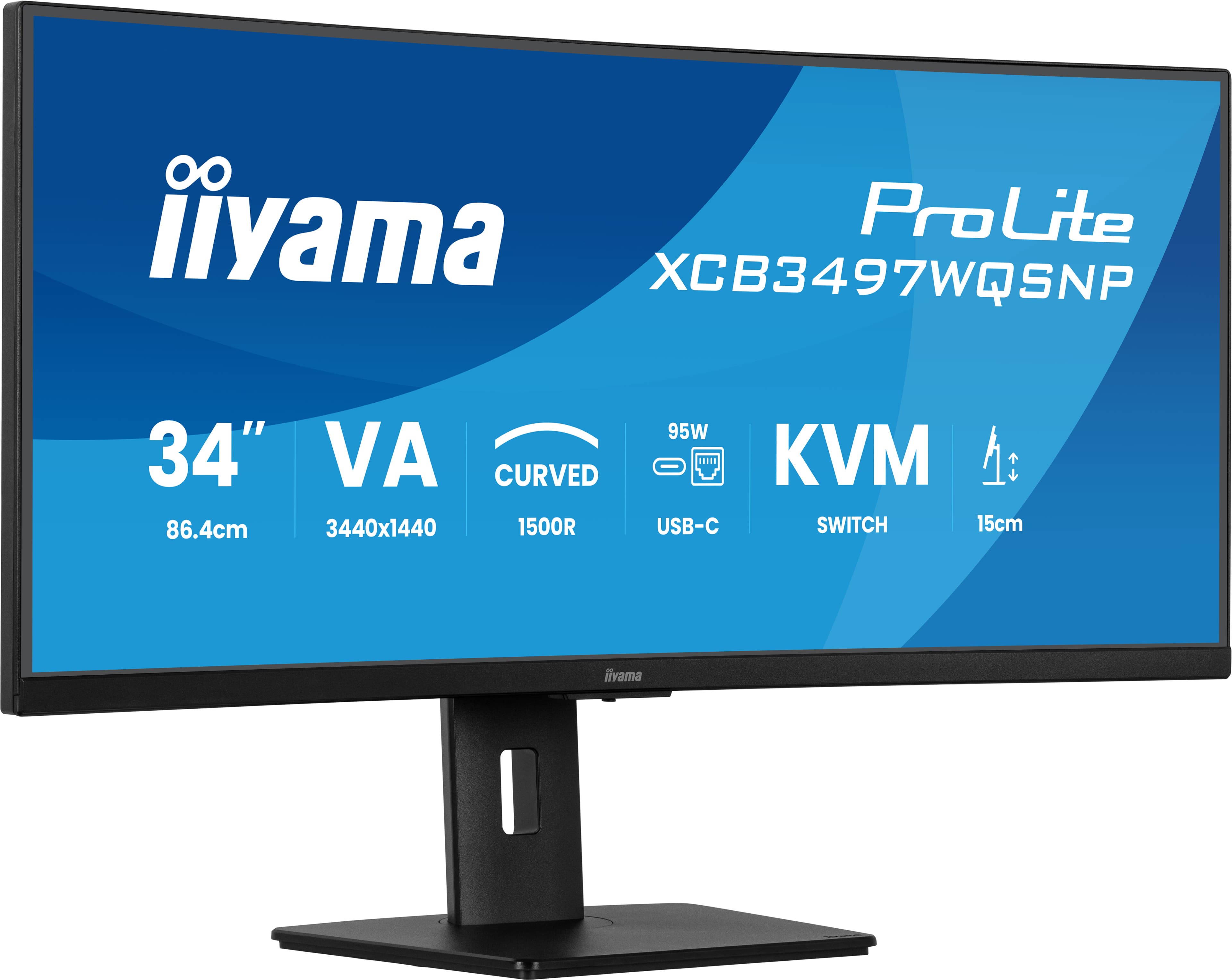 iiyama ProLite Curved Monitor XCB3497WQSNP-B1 34" VA Ultra-Wide Screen with KVM Switch, LAN, USB-C Dock, 0.4ms, 120Hz, HDMI, DisplayPort, Speakers, Height Adjustment