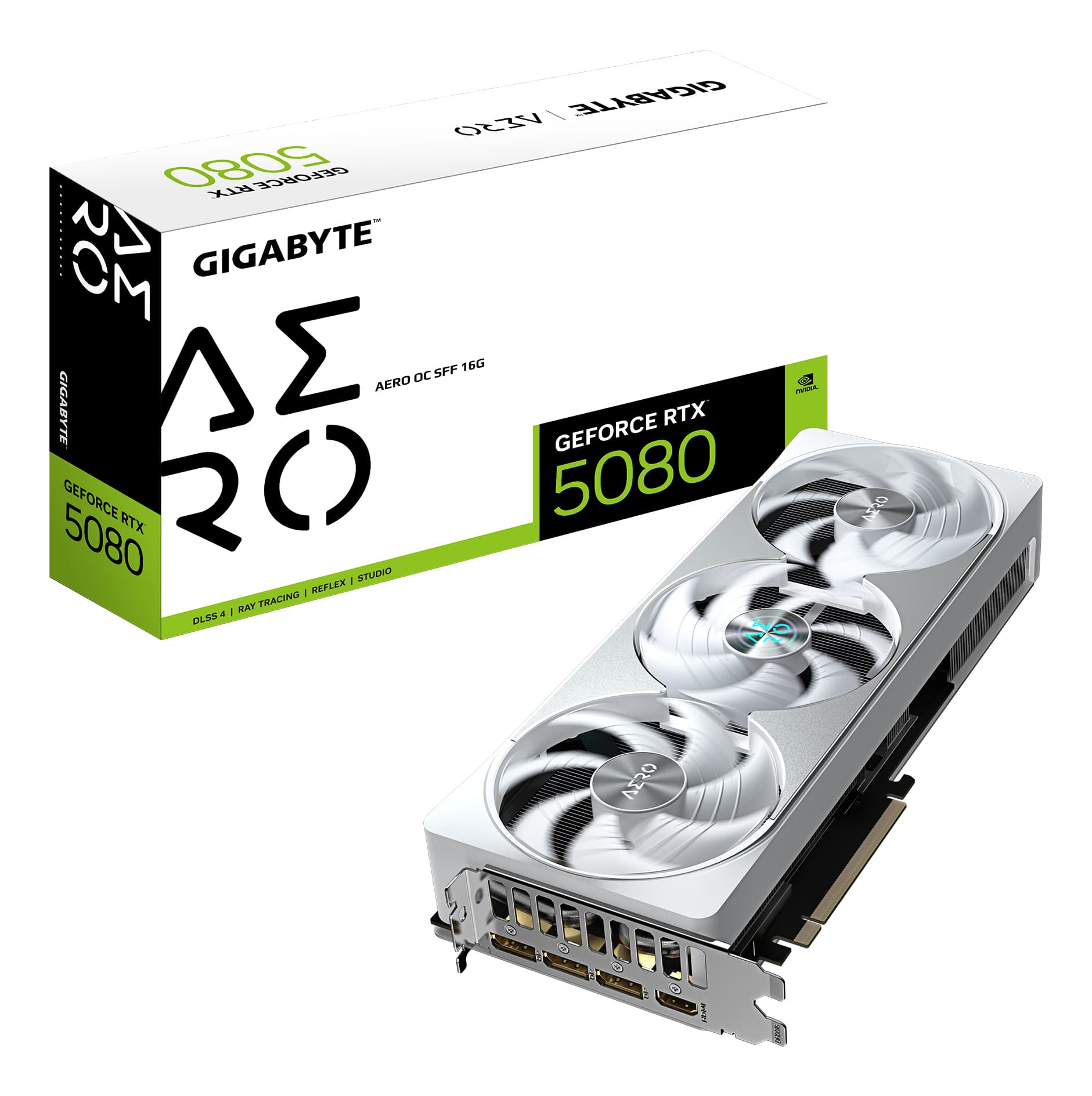 Gigabyte NVIDIA GeForce RTX 5080 AERO OC SFF 16GB GDDR7 Graphics Card, 10752 CUDA Cores, 2730 MHz Core Clock, Triple Fan, White, RGB, 3x DisplayPorts / 1x HDMI Ports