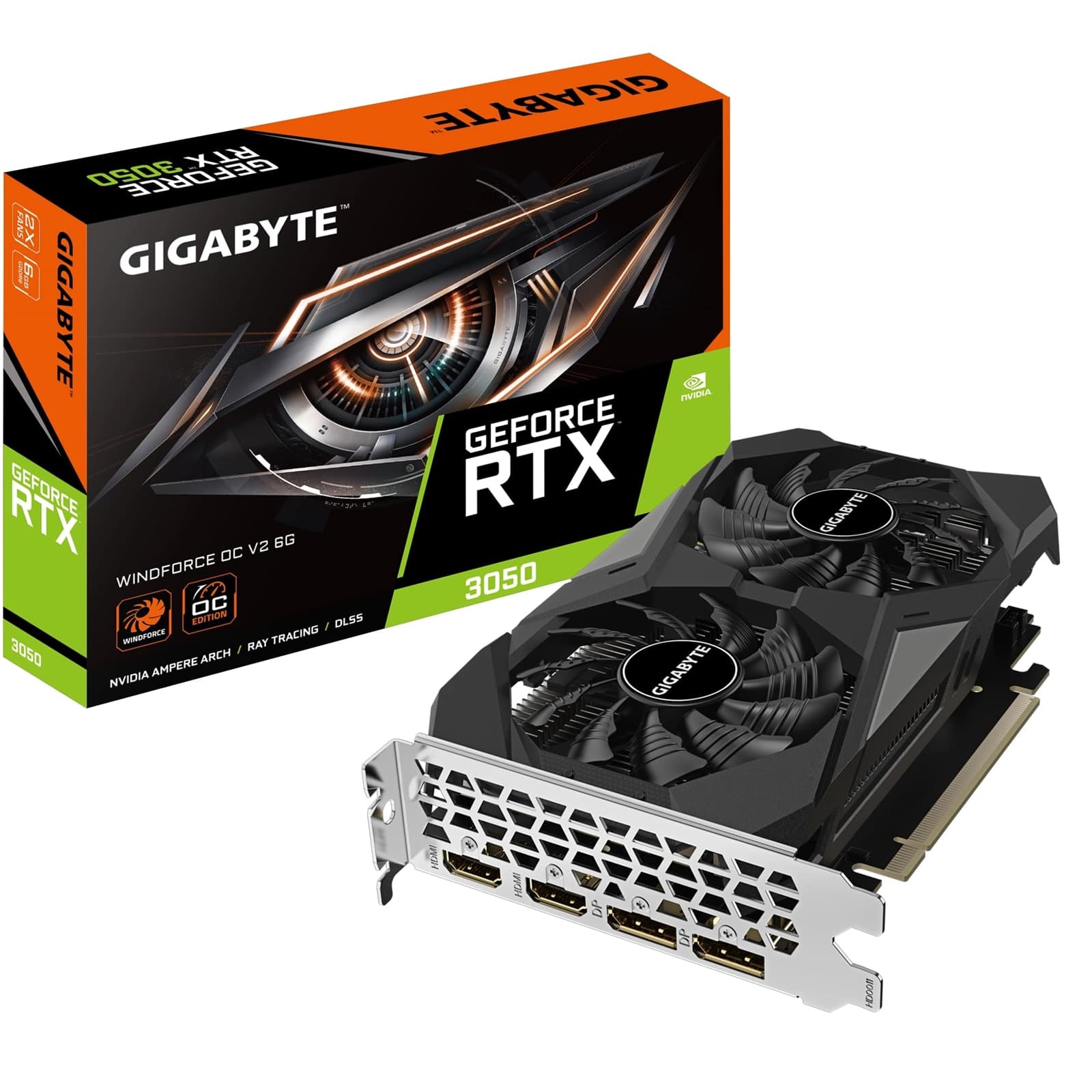 Gigabyte NVIDIA GeForce RTX 3050 WINDFORCE OC V2 6GB GDDR6 Graphics Card, 2304 CUDA Cores, 1477 MHz Core Clock, Dual Fan, 2x DisplayPorts / 2x HDMI Ports