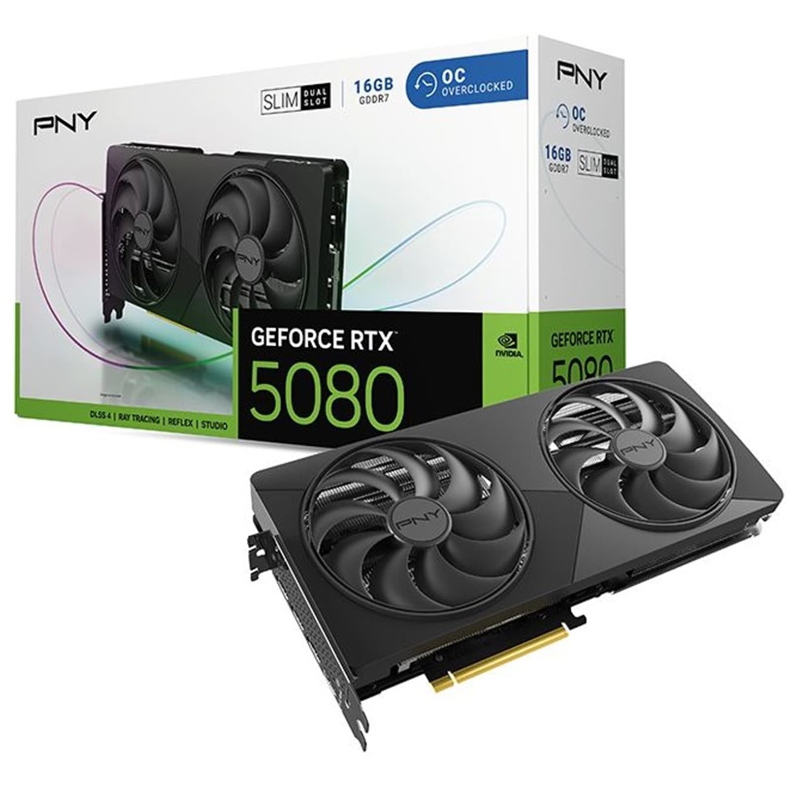 PNY NVIDIA GEFORCE RTX 5080 SLIM OC 16GB GDDR7 Graphics Card, 10752 Cuda Cores, 2295 MHz Core Clock, Dual Fan, 3x DisplayPorts/ 1 x HDMI Port