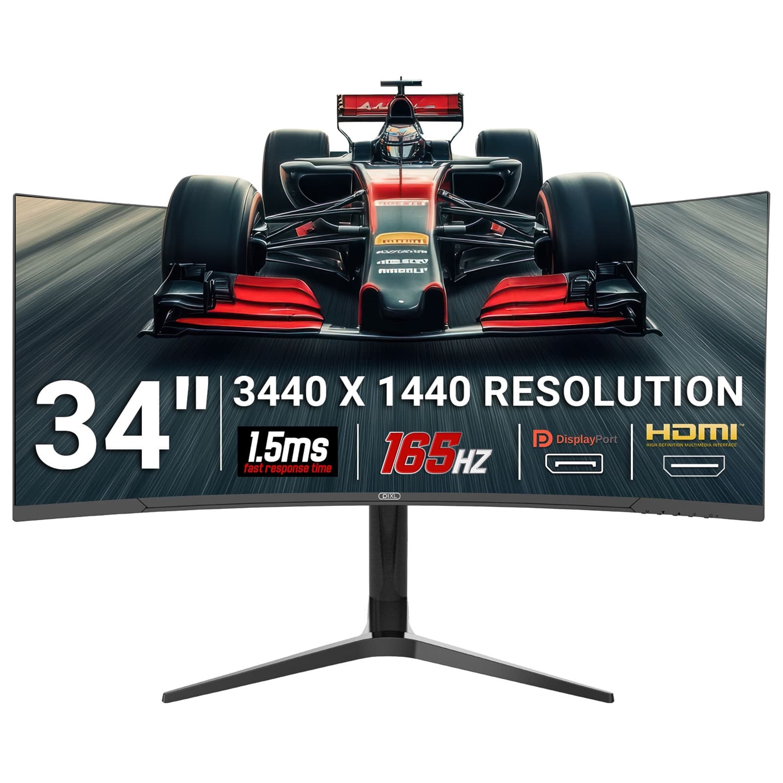 piXL CM34C7 34 Inch 165Hz UWQHD Quad HD Ultrawide Curved Gaming Monitor, with 1.5ms Response Time, 3440 x 1440 Resolution, HDMI, DisplayPort, USB-C, USB-B, USB-A x 2, Audio & Height Adjust