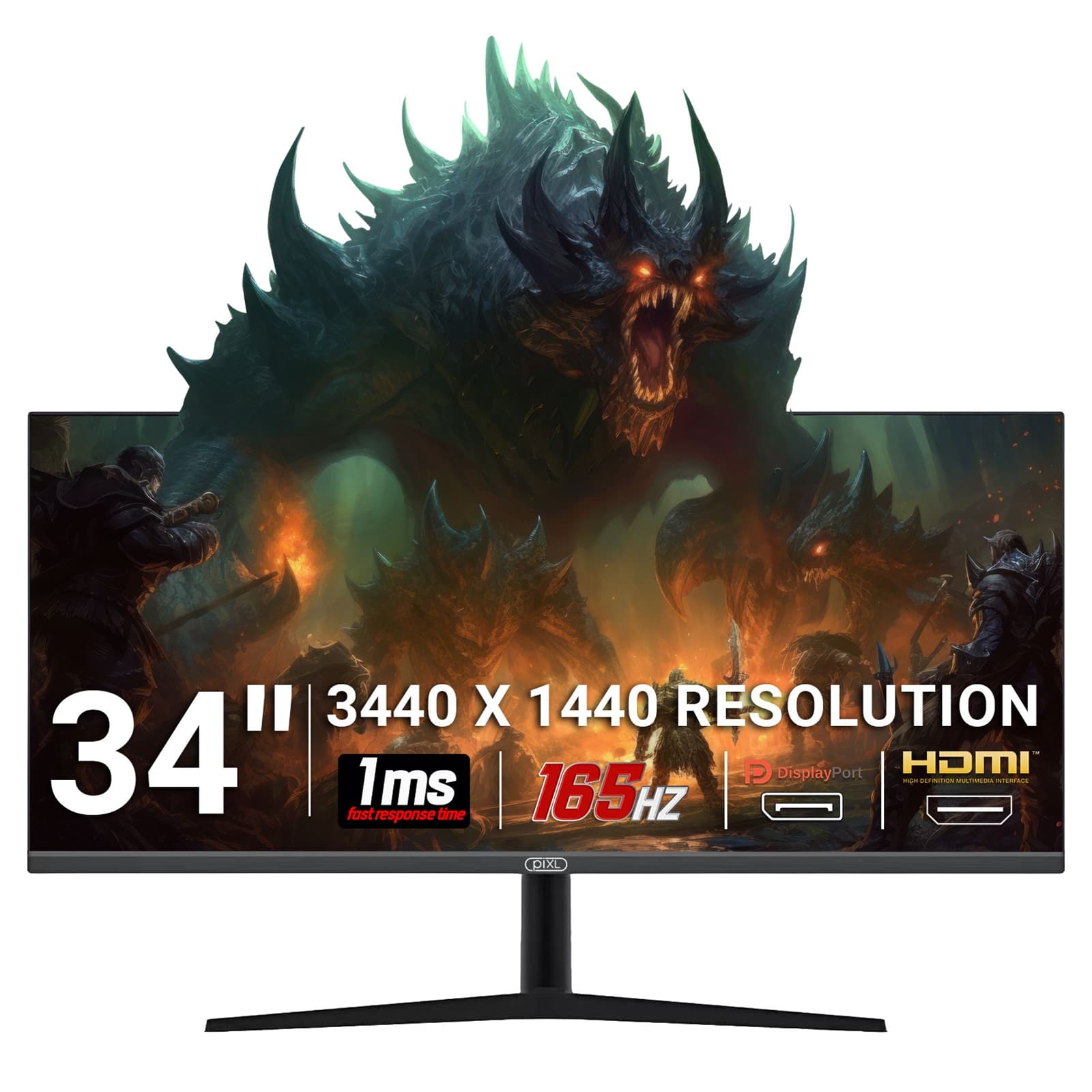 piXL 34-inch UWQHD UltraWide 165Hz Gaming Monitor with 100% sRGB Colour Gamut, Quad HD 3440 x 1440 IPS Panel & 1ms Response Time, 3 Year Warranty & Speakers