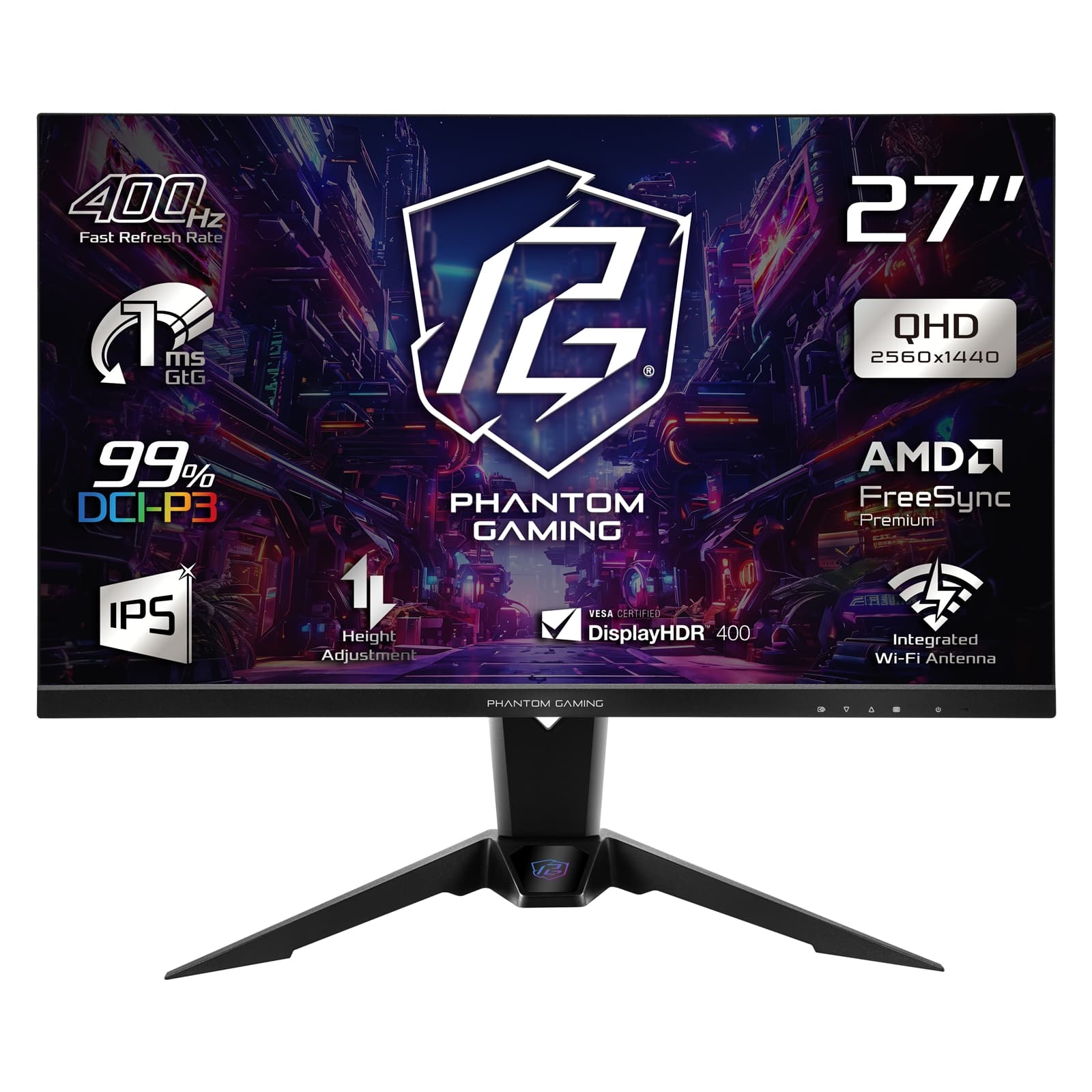 ASRock Phantom Gaming PG27QFW2A 27 Inch QHD (2560 x 1440) IPS Gaming Monitor, 400Hz 1ms (MPRT) Response Time, 2 x HDMI 2.0, 1 x DisplayPort 1.4, Height Adjustable